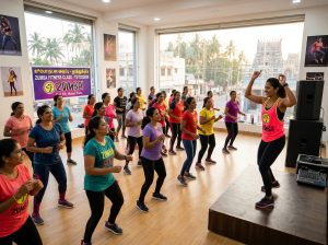 Women participating in a Zumba fitness class at Jeya Academy Tuticorin