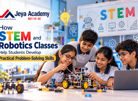 Students exploring STEM and Robotics classes in Tuticorin through hands-on robot building, coding, teamwork, and practical problem-solving activities at a robotics workshop.