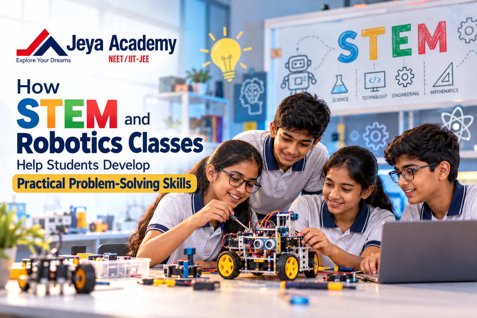 Students exploring STEM and Robotics classes in Tuticorin through hands-on robot building, coding, teamwork, and practical problem-solving activities at a robotics workshop.
